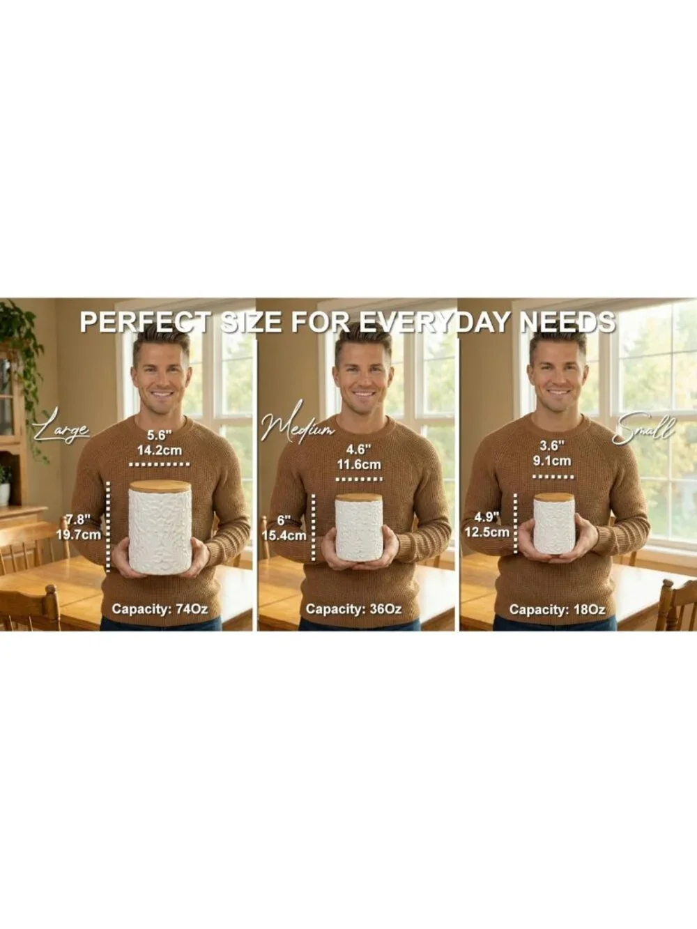 Set of 3 Engraved Ceramic Canisters with Airtight Bamboo Lids - Kitchen Storage